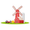 Country house with red mill, farm barn and granary building on green farm field plot cartoon vector illustration, isolated on Royalty Free Stock Photo