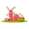 Country house with red mill, farm barn and granary building on green farm field plot cartoon vector illustration, isolated on Royalty Free Stock Photo