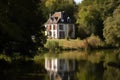 country house, with view of lake and trees, in the french countryside