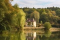 country house, with view of lake and trees, in the french countryside