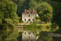 country house, with view of lake and trees, in the french countryside