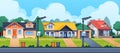 Country houses street. Cartoon suburban cottage building exterior, countryside neighborhood with rural buildings. Vector