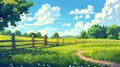 Country landscape background with farm pasture, farmland, grassland behind fence. Spring and summer nature background Royalty Free Stock Photo