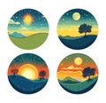 Country landscape day part cartoon vector collection. Round shape sunset dawn midnight sunny natural terrain night stars Royalty Free Stock Photo