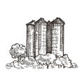 Country landscape with grain elevator. Sketch graphics.