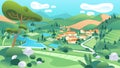 Country landscape illustration with houses, river, mountain, trees and beautiful scenery vector Royalty Free Stock Photo