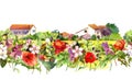 Country landscape with meadow flowers, grass, herbs. Watercolor floral border - idyllic rural houses scene. Repeating Royalty Free Stock Photo