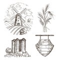 Country landscape with mill, grain elevator, wheat spike, wooden sign.
