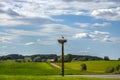 Rural landscape with stork nest at summer day