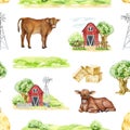 Country life farm elements seamless pattern. Hand drawn cow, red barn, tree, windmill, green meadow, hay, house elements