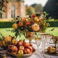 Country life, fruit garden and floral decor, autumnal flowers and autumn fruit harvest celebration, country cottage style, Royalty Free Stock Photo