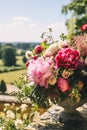 Country life, garden and floral decor, peony flowers bouquet in the countryside, country cottage style, generative ai