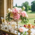 Country life, garden and floral decor, peony flowers bouquet in the countryside, country cottage style, generative ai