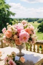 Country life, garden and floral decor, peony flowers bouquet in the countryside, country cottage style, generative ai