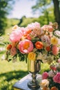 Country life, garden and floral decor, peony flowers bouquet in the countryside, country cottage style, generative ai