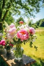 Country life, garden and floral decor, peony flowers bouquet in the countryside, country cottage style, generative ai Royalty Free Stock Photo