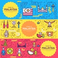 Country Malaysia travel vector brochure cards thin line. architecture template of flyear, magazines, posters, book cover Royalty Free Stock Photo