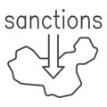 Country map and arrow down with text sanctions thin line icon, economic sanctions concept, Sanction against country sign