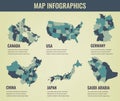 Country maps infographic template. USA, Japan, Canada, China, Germany, Saudi Arabia. Selectable territories. Vector Royalty Free Stock Photo