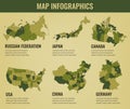 Country maps infographic template. USA, Japan, Canada, China, Germany, Saudi Arabia. Selectable territories. Vector