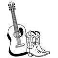 Country music with acoustic guitar and american cowboy boots. Vector hand draw Country music illustration isolated on white Royalty Free Stock Photo