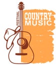 Country music of acoustic guitar and cowboy American hat. Vector music poster background with text