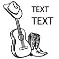 Country music. Acoustic guitar with cowboy hat and boots. Vector graphic hand drawn illustration isolated on white for text Royalty Free Stock Photo