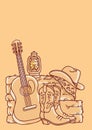 Country music background with acoustic guitar and american cowboy boots and cowboy hat on straw and hay. Vector hand drawn graphic Royalty Free Stock Photo