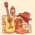 Country music background with acoustic guitar and american cowboy boots and cowboy hat on straw and hay. Vector hand draw Country Royalty Free Stock Photo