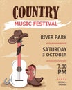 Poster of country live music festival. Concert banner template with guitar and cowboy hat western style concept illustration