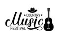 Country Music festival lettering with hat and guitar isolated on white. Acoustic guitar musical show typography poster. Easy to