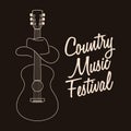 Country music festival lettering and silhouette of acoustic guitar and cowboy hat. Music poster, black and white illustration Royalty Free Stock Photo