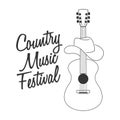 Country music festival lettering and silhouette of acoustic guitar and cowboy hat. Music poster, black and white illustration Royalty Free Stock Photo