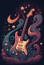 Country music festival poster with electric guitar and stars. AI