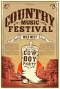 Country music festival poster. Party flyer with cowboy boots. Design element for poster, card, label, sign, card, banner. Royalty Free Stock Photo