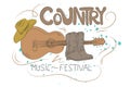 Country music illustration with guitar, cowboy shoes and hat. Royalty Free Stock Photo