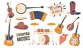 Country Music Instruments. Guitar, Banjo, Fiddle, And Harmonica. Guitar, Drum Kit Or Accordion Vector Illustration Royalty Free Stock Photo