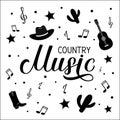 Country Music lettering with hat, notes and guitar isolated on white. Acoustic guitar musical show typography poster. Easy to edit