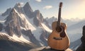 Country Music Poster Design With Guitar, Retro Style mountain view Landscape Background. Acoustic Guitar put on the rock.