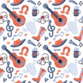 Country music seamless background with acoustic guitar, cowboy boots and notes. Poster for music concert, festival. Doodle vector Royalty Free Stock Photo