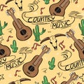 Country music seamless pattern with guitars, cacti, notes and inscriptions Royalty Free Stock Photo