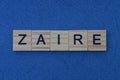 Country name from the gray word zaire from wooden letters