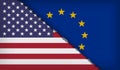 Country relations. flags of United States of America and European Union. USA and Europe trade disputes concept