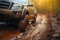 Country road adventure a muddied SUV with offroad tires braves the journey