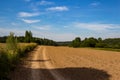 Country road along the edge of an agricultural field after plowing, rural landscape with cirrus clouds Royalty Free Stock Photo