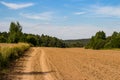 Country road along the edge of an agricultural field after plowing, rural landscape with cirrus clouds Royalty Free Stock Photo