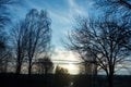 Country road and bare trees ona a cold wintry morning in the countryside Royalty Free Stock Photo