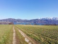 Country road with beautiful snowcapped mountains at the Attersee