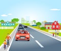 Country road with cars and bicycles