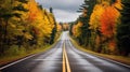 COUNTRY ROAD IN FALL AUTUMN Dramatic, moody scene of rural highway running through beautiful forest landscape. Orange and green Royalty Free Stock Photo